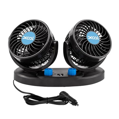 XOOL Car Fan – Car Cooling Fan with 2 USB Charging Ports, Quiet Strong Airflow, Cigarette Lighter Plug, Fan for Car, Vehicles, RVs, and SUVs - size: Cigarette Dual Fan - Front (Dual USB Ports)