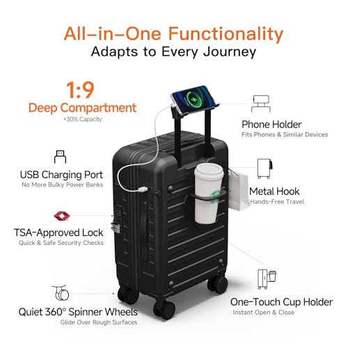 Expandable Lightweight PC Hard Shell Suitcase, 20-inch Carry On Luggage with TSA Lock, 360 Silent Spinner Wheels, Top Opening & Cup Holder - Ideal for Business Travel Suitcase (Black) - color: Black, size: Carry-on 20-Inch