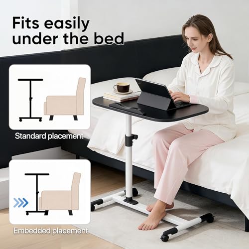MoNiBloom Mobile Laptop Desk 360° Rotatable Panel Adjustable Height Desk Rolling Cart Ergonomic Table with Wheels for Home Office School, Black - color: Black/White