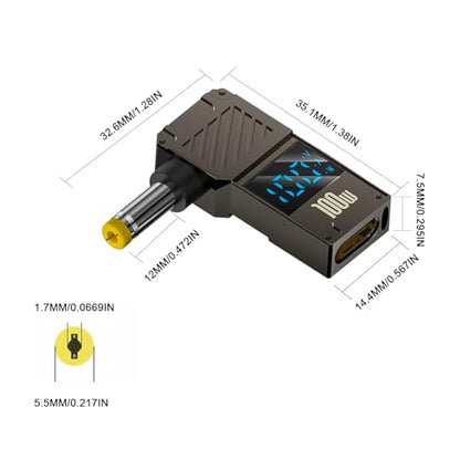 Poyiccot DC 5.5x1.7mm Power Plug, USB C Female to DC 5.5x1.7mm Power Adapter, 90 Degree, LED Digital Display, 100W Output 20V 5A Charger Connector for Laptop,1-Pack - color: 5.5x1.7mm