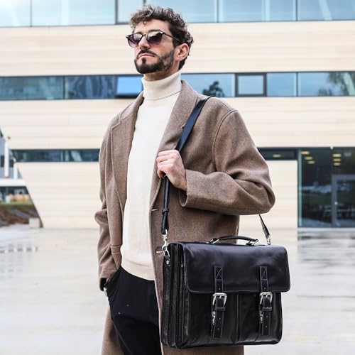 Time Resistance Leather Briefcase for Men Handcrafted in Italy Full Grain Messenger Bag for Laptop - color: Black