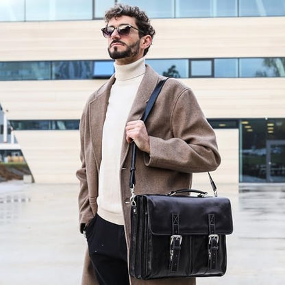 Time Resistance Leather Briefcase for Men Handcrafted in Italy Full Grain Messenger Bag for Laptop - color: Black