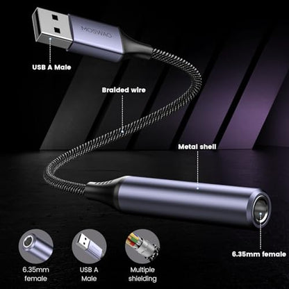 MOSWAG USB to 1/4 Jack Audio Adapter with External Sound Card | USB to 6.35mm Female Headphone Aux Adapter, For Laptop, PC, Amplifier, Speaker, 6.35mm Headphone NOT for Recording and Mic