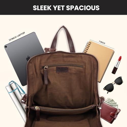 12.5 Inch Genuine Leather Backpack For Women & Men, Brown | Brown Leather Bookbag Purse With Adjustable Shoulder Strap, YKK Zipper & Mobile Pockets, Small Travel Bag, Unisex Bag - color: Brown