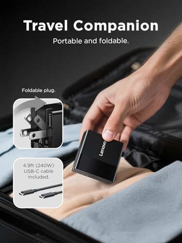 Lenovo 140W USB C Charger, GaN Power Adapter with 3-Port Fast Charging, PD 3.1 Compatible, Black, for ThinkPad, MacBook, iPhone, Samsung Galaxy, with 240W Cable - size: 3 Port - 140 W