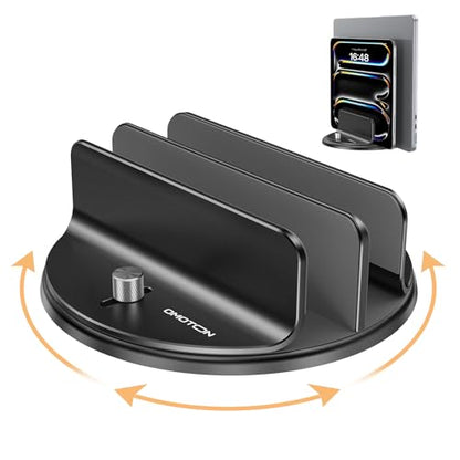 OMOTON VL04 360° Rotating Vertical Laptop Stand Holder, Aluminum Dual-Slot Desk Organizer for MacBook & iPad, Sides Knob Adjustment (No Lost Screws), Holds Laptop, Tablet & Keyboard, Fits up to 17.3"