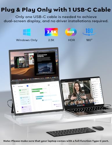 ZSCMALLS 2.5K Dual Monitor(Wins Only), Triple Laptop Screen Extender, 15.6" QHD Folding Stacked Portable Dual Monitor, USB C Travel Extended Computer Display, 180°Rotation, Plug & Play for Laptops - size: 15.6 inch