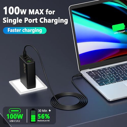 100W USB C Charger Block,4-Port GaN Fast Charger Compatible with MacBook Pro, MacBook Air, Google Pixelbook, ThinkPad, Dell XPS, iPad Pro, Galaxy iPhone All USB C Devices 6ft