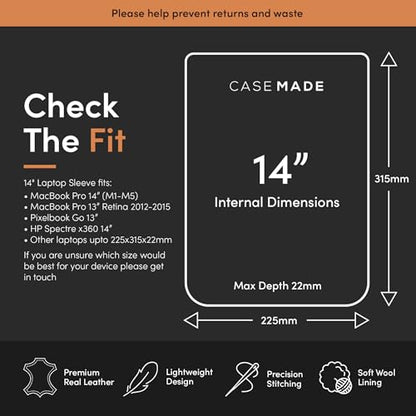 Casemade Real Leather Laptop Sleeve for MacBook Pro & Air Fits 13, 14, 15 & 16 Inch - Genuine Full Grain Leather with Soft Wool Lining (14-inch Pro M1/M2/M3/M4/M5) - color: Tan, size: 14" Pro M1-M5