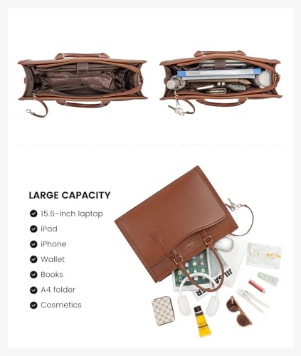 LOVEVOOK Laptop Tote Bag for Women, Leather Office Work Bag Briefcase fit for 15.6 inch Laptop, Large Teacher Computer Bag Handbag,2pcs Set Leather/Brown | PU Leather Business Briefcase Teacher Travel College Bag Handbag fit for 15.6 inch Laptop, Office P
