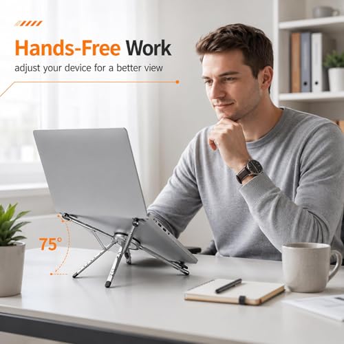 3 in 1 Magnetic Laptop Stand Foldable(Aluminum Alloy Gray) | For Phone Tablet Laptop 10-16 Inch, 8 Level Height Adjustable Computer Riser, Aluminum Alloy, Travel Desk Home Office Use