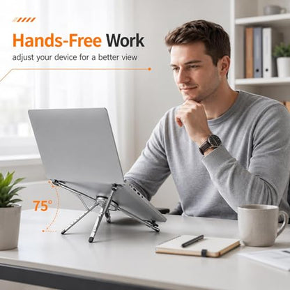 3 in 1 Magnetic Laptop Stand Foldable(Aluminum Alloy Gray) | For Phone Tablet Laptop 10-16 Inch, 8 Level Height Adjustable Computer Riser, Aluminum Alloy, Travel Desk Home Office Use