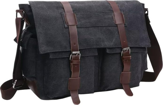 Canvas Leather Messenger Bag for Men and Women, Vintage Crossbody Shoulder Bag, Fits up to 17.3 In Laptop - color: Black