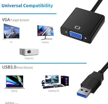 USB to VGA Adapter, USB3.0/2.0 to VGA Adapter Multi-Display Video Converter Full HD 1080P External Video Card Multi Monitor, Desktop, Laptop, HDTV, Monitor, Projector (Windows 10/8.1/8/7)