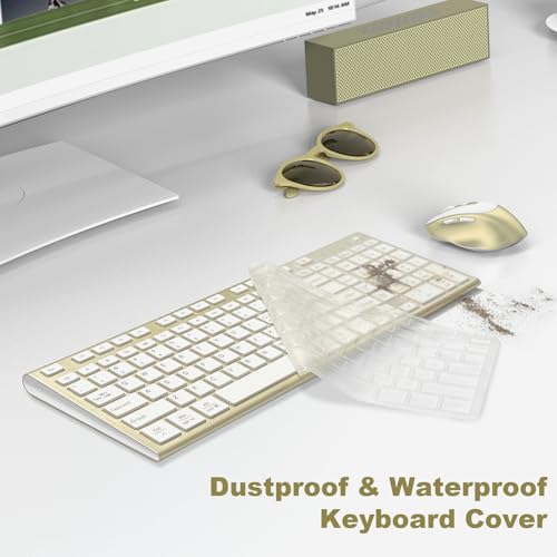 Rechargeable Wireless Keyboard and Mouse with Number Pad Gold | Quiet Silent, Slim Thin Flat Low Profile Soft Key, USB C, with Skin Cover, Ergonomic Mouse, for Mac Windows PC, Home Office - color: Gold