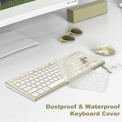 Rechargeable Wireless Keyboard and Mouse with Number Pad Gold | Quiet Silent, Slim Thin Flat Low Profile Soft Key, USB C, with Skin Cover, Ergonomic Mouse, for Mac Windows PC, Home Office - color: Gold