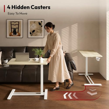 SANODESK 32''Pneumatic Adjustable Overbed Bedside Table with Hidden Casters | Medical Mobile Side End Table Laptop Computer Standing Desk Cart with Tray, Hospital and Home Use,31.5"W x 17.7"D,Wood Grain - color: Wood Grain, size: Large