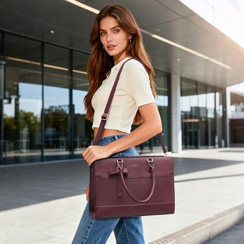 Keyli 3pcs Laptop Bag for Women 15.6 Inch Leather Work Tote Bags Professional Business Office Computer Shoulder Briefcase - color: 3pcs-wine Red