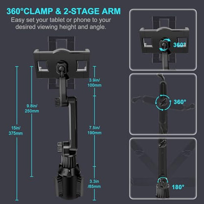 Cup Holder Car Tablet Mount for Truck, 360° Adjustable 15" Long 2-Arm Stand Holder for iPad Pro 12.9/11/10.5/9.7/Air/Mini 6/5/4, Galaxy Tab/Z Fold 6/5/4, iPhone 17/16/Pro, 4.7-12.9" Tab &Phone - size: 15"
