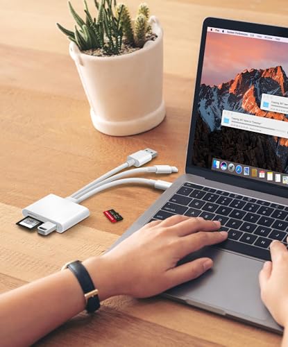 AkHolz SD Card Reader for iPhone iPad Mac Trail Game Camera Viewer Built-in 3-in-1 Connector (Lightening, USB-C and USB-A) with SD MicroSD USB-A 3 Slots, Portable No App Required Plug & Play - White - size: 3 in 1 built-in cords (Lightening&USB-C&USB-A)
