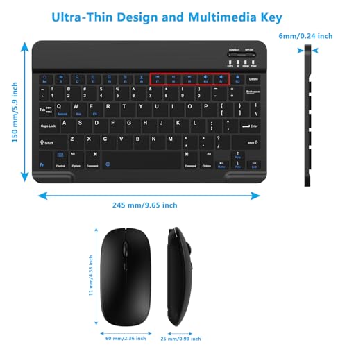 Ultra-Slim Small Bluetooth Keyboard and Mouse Combo Portable Rechargeable Wireless Keyboard for Android Tablet Cell Phone Samsung Smartphone iPhone iPad mini Pro Air 10.2 10.9 11 12.9 13 inch (Black)