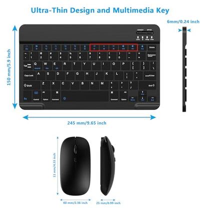 Ultra-Slim Small Bluetooth Keyboard and Mouse Combo Portable Rechargeable Wireless Keyboard for Android Tablet Cell Phone Samsung Smartphone iPhone iPad mini Pro Air 10.2 10.9 11 12.9 13 inch (Black)