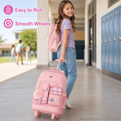 AGSDON Rolling Backpack for Girls, 21" Women Roller Wheels Bookbag, Laptop Wheeled Suitcase School Backpacks with Lunch Bag for Teens - color: Square Pink