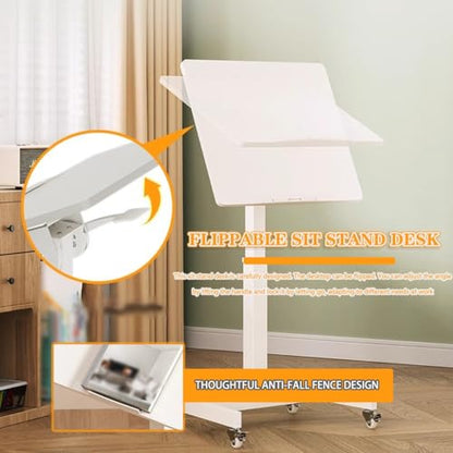 Height Adjustment Standing Desk, School Stand Up Desk with Wheels, Office Flippable Moved Laptop Table, Anti-Fall Fence Design Side Table(White) - color: White