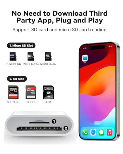 SD Card Reader for iPhone Digital Camera Adapter to iPhone USB C | iPhone 15/16/17 Series Dual Slot USB 3.0 Memory Card Reader Portable SD Micro SD/TF Card Adapter iPad Pro MacBook Android