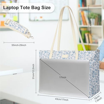 Laptop Tote Bag for Women 17.3 Inch, Water-resistant Work Bag with Compartments & 15 Pockets, Travel Cute Flower Computer Shoulder Purse for Teacher Office - color: Blue Flower