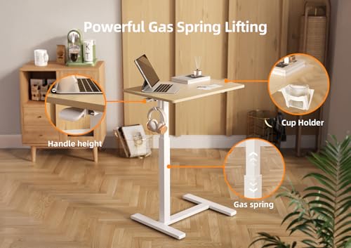 Claiks Mobile Standing Desk with Cup Holder Overbed Table 25.5" Natural | Cup Holder, Rolling Adjustable Desk, Hidden Wheels, Gas Spring Lift, Side Hook, Easy Assembly, Hospital Use - color: Natural