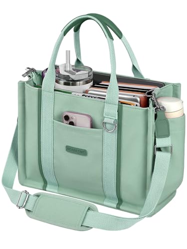 BESBESME Women’s Canvas Tote Bag with Zipper and Compartments – Multi-Pocket Laptop Work Crossbody Shoulder Tote Purse - color: Light Green, size: Medium, style: Built-in Organizer