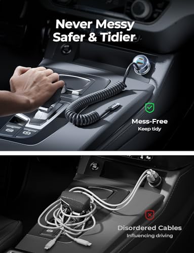 LISEN Car Charger with 45W Built-in USB-C 36 inch Coiled Cable, 90W Multi-Port Fast Charging Cigarette Lighter Adapter for iPhone 17/16/15 Pro Max, Samsung Galaxy S26 Ultra, Black | Car Charger USB C Fast Charge Adapter,Super Fast for Men Women, Car Acces