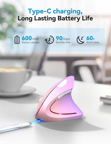 TECKNET Ergonomic Mouse Rechargeable Bluetooth - 4800 DPI Vertical Mice 6 Adjustable Levels, Wireless Optical Carpal Tunnel Mouse Right Hand, Multi Device for Laptop, PC, Computer - Pink Purple - color: Pink Purple
