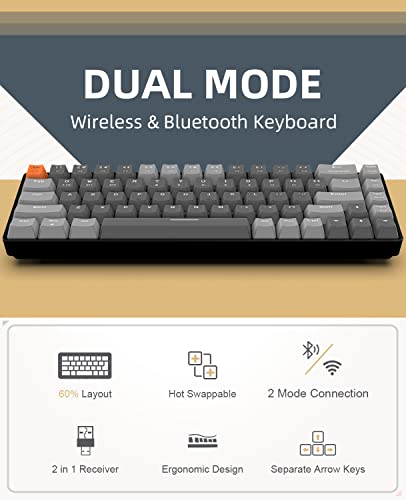 ZIYOU LANG RK68 60% Wireless Mechanical Keyboard, Bluetooth 5.0/2.4Ghz Dual Mode 2-in-1 USB-C Receiver Mini Mechanical Keyboard, Hot Swappable Red Switch Gaming Keyboard for PC/MAC/Laptops - color: Dark gray/Red Switch