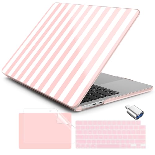 Batianda LumiArt Case for MacBook Air 13.6" M2-M5 Chip, Pink White Stripe | 4-in-1 set with cute preppy pink white striped design, lightweight ultra slim hard shell protection for teen girls and women - color: Pink Stripe
