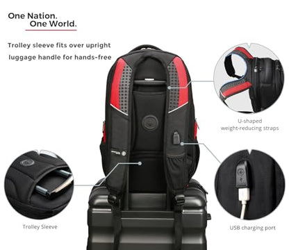 Swissdigital Design Men's Laptop Backpack for College and Business Travel with Integrated USB Charging Port and RFID Protection Fits 15.6" Laptops Black/Red | J14-41 - color: Black/Red