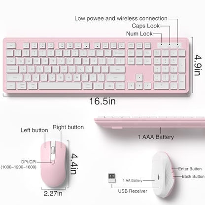 MPTOG Wireless Keyboard and Mouse Combo, Full-Size 104-Key Office Keyboard with 15 Function Keys, Numeric Keypad, Single USB Receiver, Compatible with PC and Laptop(Pink White) - color: Pink White