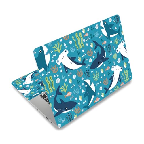 PLIGREAT 15 Inches Cartoon Shark Laptop Decals Sticker Skin Cover, Cute Ocean Blue Laptop Skin Sticker Decal Fits 12" to 15" Laptops Universal Waterproof Removable Notebook Art Protector, Blue Green - color: Blue Green