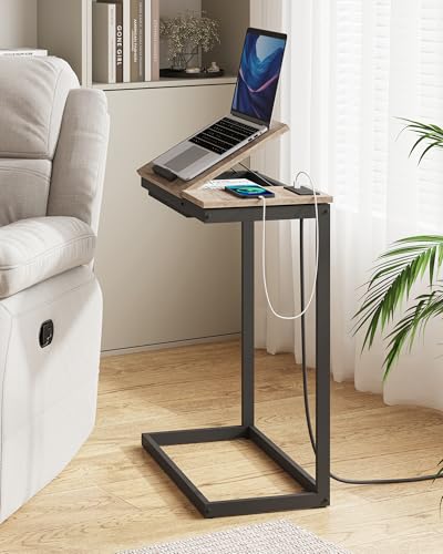 TUTOTAK Large C Shaped End Table, Side Table with Charging Station C Table | Tilting Laptop Stand with Storage, Computer Couch table for Living Room, Bedroom, Greige TB01BG090 - color: Greige, style: Plug