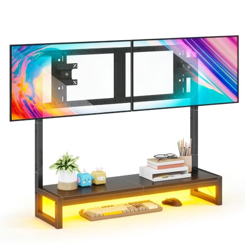 YAOHUOO Computer Monitor Mount Arm with LED, Heavy Duty Fully Adjustable Stand with C-Clamp, Computer Screen Storage Shelf for Office,Living Room