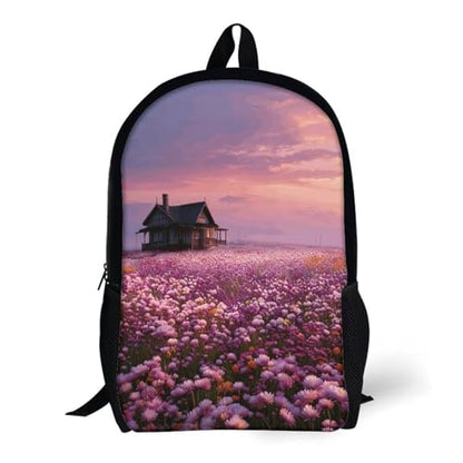 17 In Laptop Backpack Water Resistant Travel Backpack Black | Sunset And Flower Sea, Breathable Airflow Back Panel, Adjustable Ergonomic Shoulder Straps, Foam-Padded Top Carry Handle