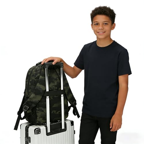18'' Dark Camo School Backpack for Teens, 35L Water Resistant Bookbag with Luggage Strap, Large Capacity Daypack for School Daily Travel, Dark Camouflage - color: Camo Backpack Single Pack-3