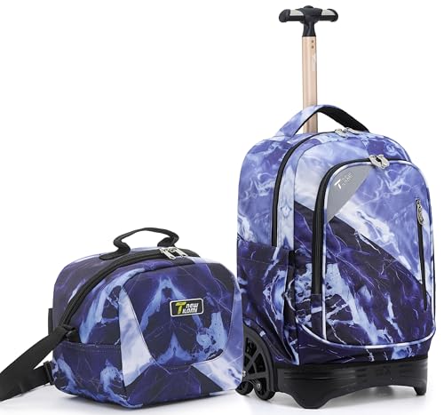 NEW TILAMI 18 Inch Rolling Backpack with Lunch Bag for Girls Boys School | 6-Wheel Stair-Climbing Girls Boys Carry-on Suitcase Water-Resistant Adjustable Trolley Handle Wheels School Travel Camping - color: Lightning Purple