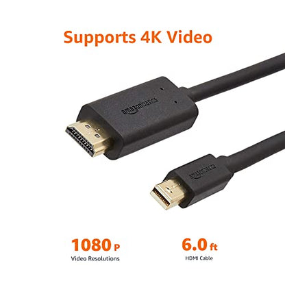 Amazon Basics Mini DisplayPort to HDMI Cable, Gold-Plated, 6 ft, Case of 52, Black - size: 6-Feet (Pack of 52)