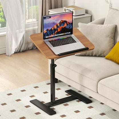 Adjustable Height C Shaped Side Table,360°Swivel Overbed Table,Top Tilting Laptop Stand Table with Hidden Wheels,Mobile Couch End Tables that Slide under,Rolling TV Coffee Table for Sofa/Bed (wood) - color: Wood