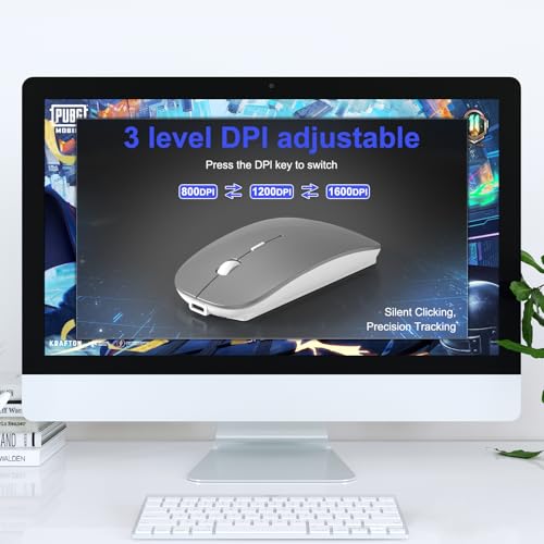Bluetooth Wireless Mouse for MacBook Air Mac Pro iPad Laptop Computer Pad Optical Rechargeable Slim Silent Dual Mode (2.4G USB-C/USB-A&Bluetooth 5.2/3.0) Mouse Jiggler for Computer Awakening(Grey) - color: Grey