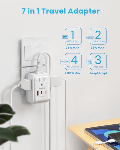 European Travel Plug Adapter Kit, VINTAR PD 35W International Power Adapter with 3 USB Ports (2 USB C) and 4 AC Outlets, Type C,G,E/F Detachable Attachments, Adapters for Europe and UK France Italy - style: 35W Type C/G/E/F-All Europe
