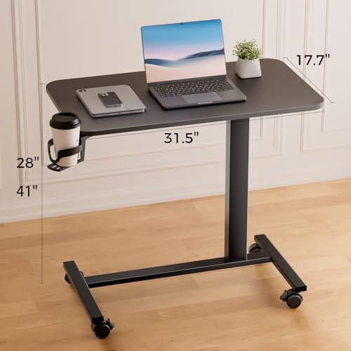 COMHOMA Adjustable Overbed Bedside Table with Lockable Wheels, Pneumatic Mobile Standing Laptop Desk, Small Standing Desk Portable Rolling Overbed Table Hospital Home Use(32" W x 18" D, Black) - color: Black, size: Large