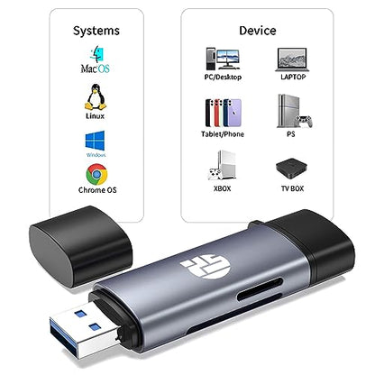 2-in-1 Memory Card Reader, USB 3.0 SD Card Adapter with Dual Slots, 2 Cards Simultaneously Read & Write, Portable SD Card Reader for iMac, iPad Pro/Air, MacBook Pro/Air, Chromebook, Android Galaxy